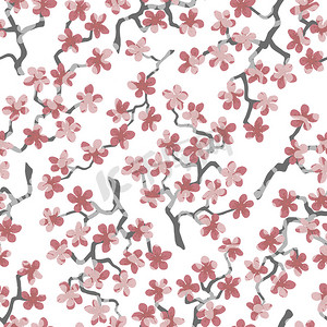无缝图案与盛开的日本樱花树枝，用于织物、包装、壁纸、纺织品装饰、设计、邀请函、礼品包装、制造。白色背景上的粉红色和鲑鱼花。