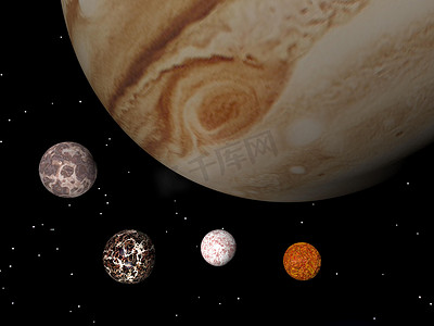 木卫三摄影照片_木星及其卫星 — 3D 渲染
