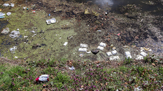 倾卸摄影照片_在人们倾倒垃圾的湖边发现环境污染。