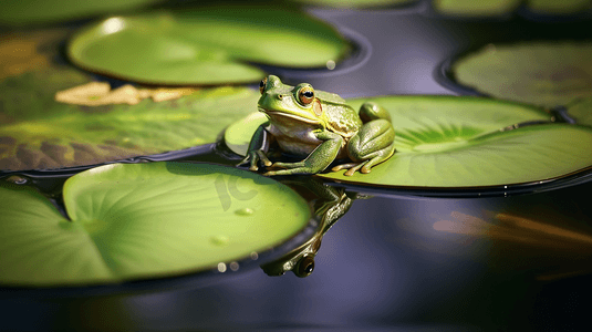 百合摄影照片_绿水百合垫上的青蛙
