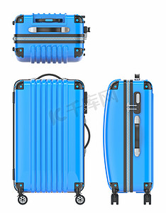 蓝色手提箱摄影照片_蓝色手提箱正面、顶部和侧视图 3D