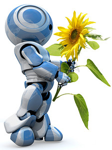 有光泽的 3d 机器人拿着花