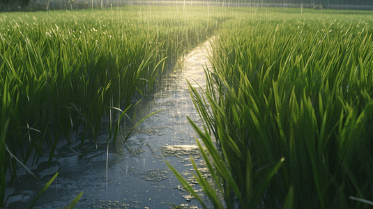 雨中乡村绿色稻田风光