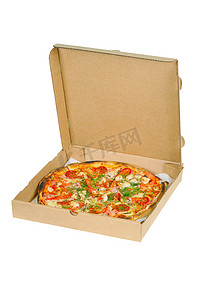 香菇火腿披萨摄影照片_盒子里的披萨