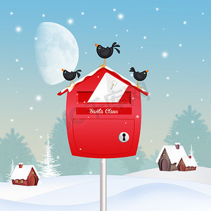 冬季风景中邮箱上的黑鸟
