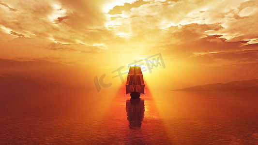海上夕阳下的老船插画