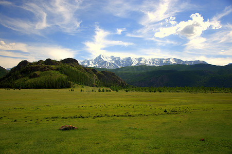 在白雪皑皑的山峰的映衬下，肥沃的山谷和山上的牧场。