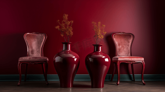三个两色日式花瓶摄影照片_栗色房间内椅子旁边的桌子上放着三个花瓶