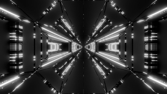 3d房间壁纸摄影照片_明亮干净的未来派科幻空间银河机库隧道走廊与酷反射灯 3d 插图背景墙纸设计