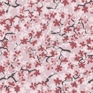 无缝图案与盛开的日本樱花枝条，用于织物、包装、壁纸、纺织品装饰、设计、邀请函、礼品包装、制造。鲑鱼背景上的粉红色和珊瑚花。