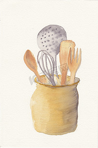 手绘水彩锅中的厨房勺子