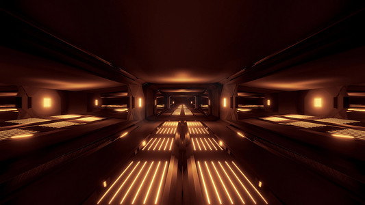 深黑色太空科幻隧道与金色发光灯 3d 插图壁纸背景