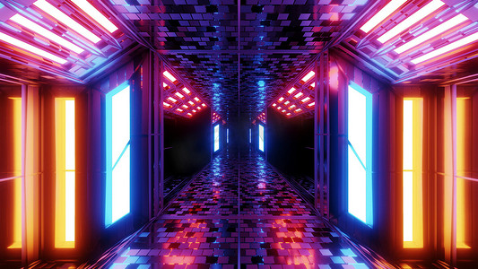 具有布洛克纹理和漂亮反射的未来科幻机库隧道走廊 3d 插图背景壁纸