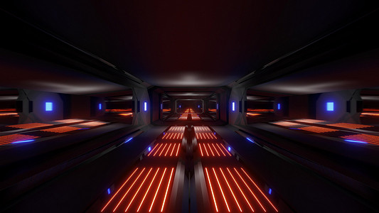 orange摄影照片_深黑色太空科幻隧道与 orange 蓝色发光灯 3d 插图壁纸背景