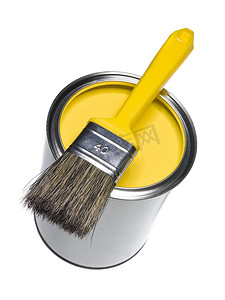 黄色油漆罐头和刷子