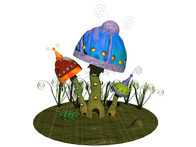 卡通绿色蘑菇摄影照片_彩色卡通蘑菇当矮人住所