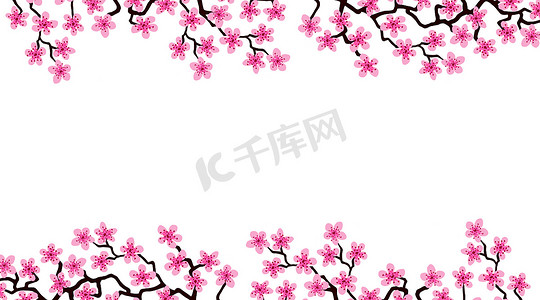 横幅与盛开的樱花花。花卉婚礼邀请卡模板设计。