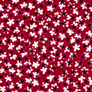 礼品包装摄影照片_无缝图案与盛开的日本樱花，用于织物、包装、壁纸、纺织品装饰、设计、邀请函、印刷品、礼品包装、制造。红色背景上的白色和紫红色花朵。