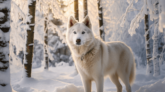 树环绕摄影照片_被白雪覆盖的树环绕的狗