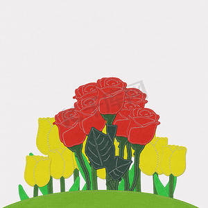 绿草地上的红玫瑰与针式织物背景