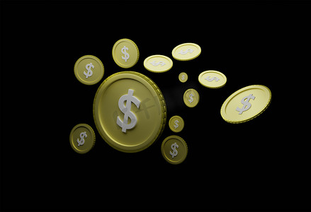 出口全球摄影照片_抽象浮动美元硬币黑色背景孤立的货币分析概念从出口贸易的经济波动、全球市场估值 3D 渲染。
