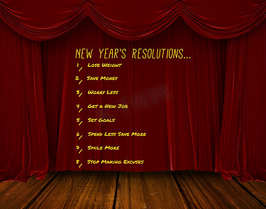 新年红色舞台摄影照片_白色背景下新年决议清单的合成图像