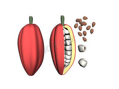 可可植物摄影照片_红可可豆荚和巧克力种子