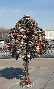 卢日科夫桥上挂着结婚锁的树。