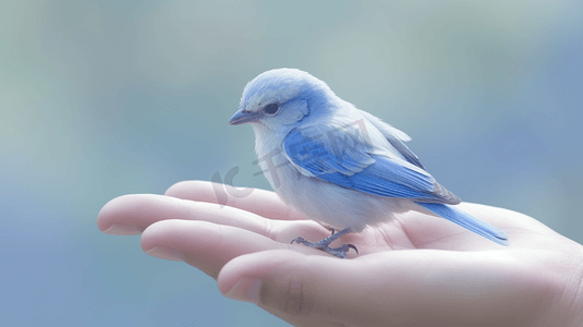 蓝白渐变边框摄影照片_人手上的蓝白相间的鸟
