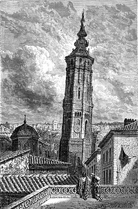 斜塔 (Torrenueva) 在萨拉戈萨，复古雕刻。