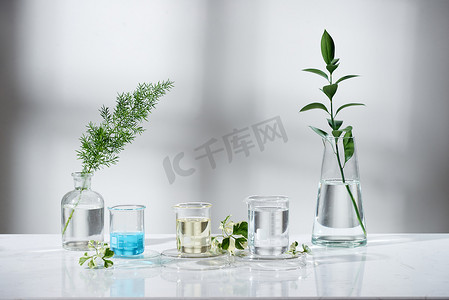 用于天然美容和有机护肤产品的叶、油和成分提取物的实验室实验和研究标签、生物科学概念的空白瓶。