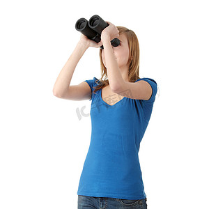 西湖十景国画摄影照片_有双筒望远镜的十几岁的女孩