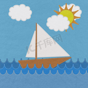 波浪风格摄影照片_海中的船，织物背景上有缝线风格