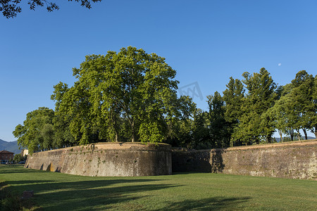 “意大利托斯卡纳的卢卡：沿路成排的树木和绿草，砖墙，古老的防御城墙”