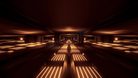 银河金色摄影照片_深黑色太空科幻隧道与金色发光灯 3d 插图壁纸背景