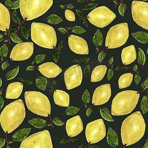 手绘树叶手绘树叶摄影照片_无缝图案，上面有手绘柠檬和树叶