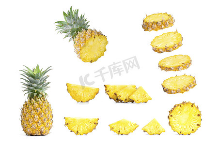 水果集合切片摄影照片_孤立在白色背景上的切片菠萝的集合。