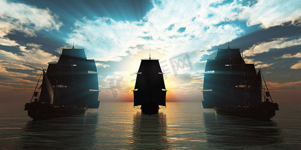 老三艘船在海上日落，3d 渲染