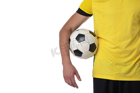 足球联赛展板摄影照片_拿着球的足球运动员