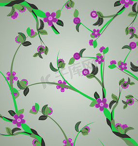 绿色树枝上的紫罗兰花春天矢量灰色背景