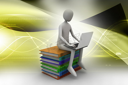 在彩色背景下使用笔记本电脑时坐在书本上的人