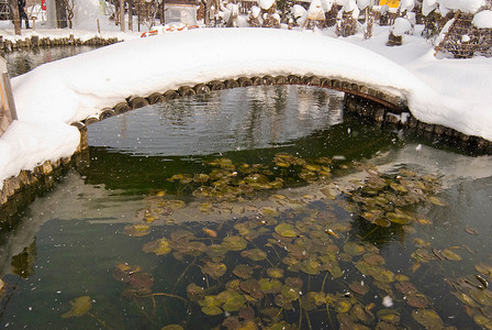 有池塘和桥梁的日本庭院在雪下
