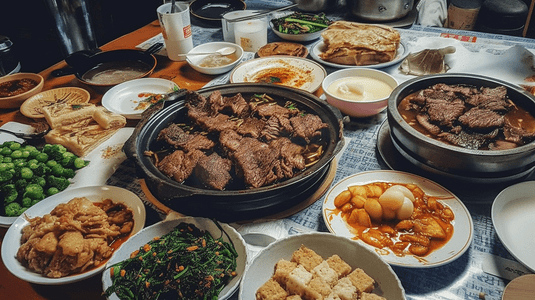 红烧小羊肉摄影照片_烤的关节的梅菜扣肉煮过的卷心菜山葵和芥末放在木制的背景