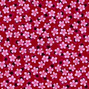 礼品包装摄影照片_无缝图案与盛开的日本樱花，用于织物、包装、壁纸、纺织品装饰、设计、邀请函、印刷品、礼品包装、制造。红色背景上的粉红色和紫红色花朵。