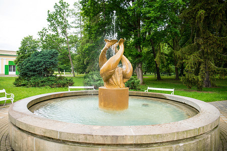 捷克共和国Frantiskovy Lazne — 2020年6月14日：带鱼雕的喷泉