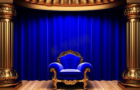 深红蓝色摄影照片_“蓝色天鹅绒窗帘、金色柱子和椅子”