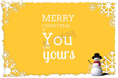 贺词摄影照片_黄色背景设计中的雪人和圣诞贺词