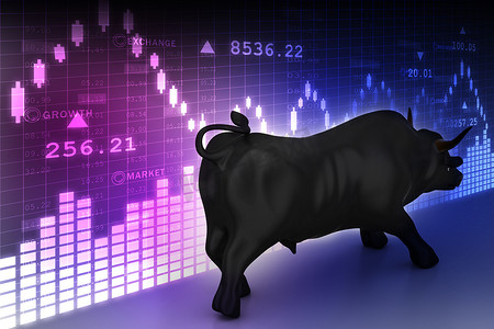 中投证券展板摄影照片_彩色背景中崛起的黑色商业公牛