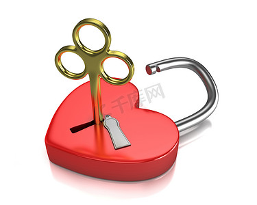 钥匙孔摄影照片_打开的红锁形成为心形，钥匙孔中有一把金钥匙
