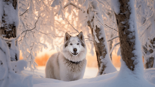 被白雪覆盖的树环绕的狗